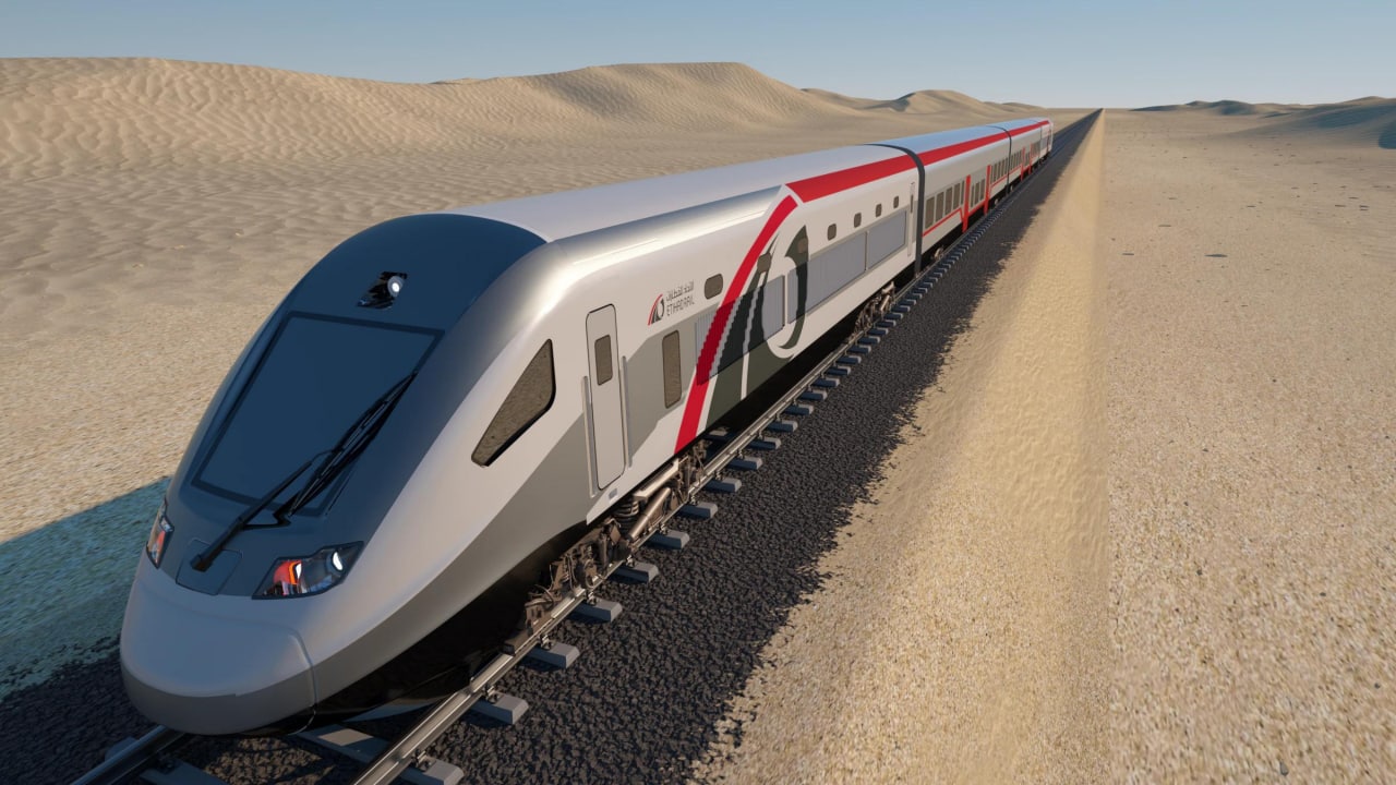 Render of the train, which is planned to run on a 145 km line connecting 11 major cities in the UAE