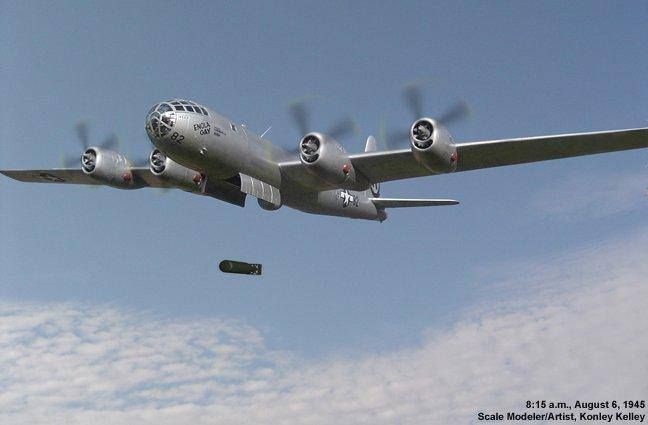 14في الساعة 08:15 بتوقيت هيروشيما 6/8/1945 أسقط الأمريكيون أول قنبلة نووية في العالم في وسط مدينة هيروشيما، لتحرق جميع من فيها مدنيين وعسكريين أطفالا ونساء وشيوخا وبشرا وحجرا وشجرا، واستغرقت 57 ثانية لتسقط من الطائرة وتصل إلى الارتفاع الذي ستنفجر فيه، وهو حوالي 600 م فوق المدينة  14في الساعة 08:15 بتوقيت هيروشيما 6/8/1945 أسقط الأمريكيون أول قنبلة نووية في العالم في وسط مدينة هيروشيما، لتحرق جميع من فيها مدنيين وعسكريين أطفالا ونساء وشيوخا وبشرا وحجرا وشجرا، واستغرقت 57 ثانية لتسقط من الطائرة وتصل إلى الارتفاع الذي ستنفجر فيه، وهو حوالي 600 م فوق المدينة